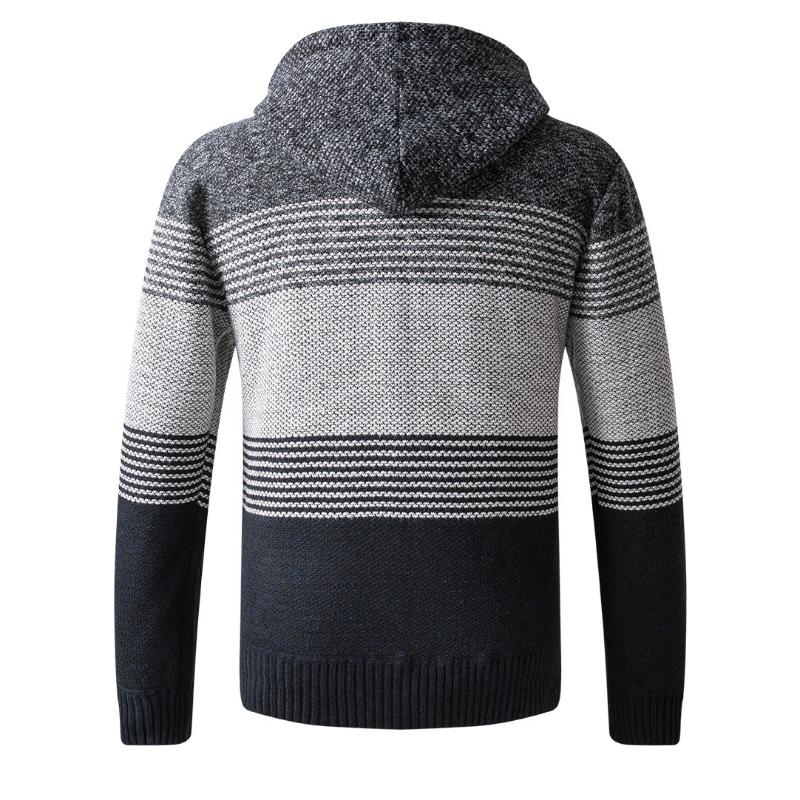 Men's Autumn Winter Striped Hooded Zipper Sweater Cardigans - Thick Color-Blocked Warm Knitwear for Casual Wear
