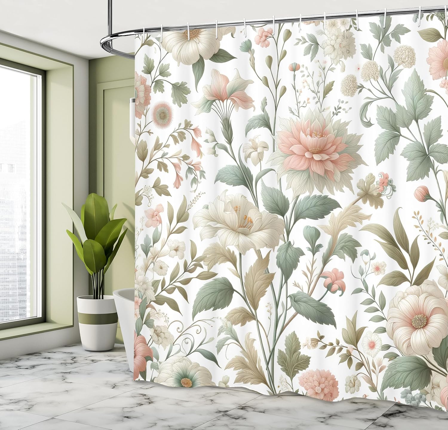 

Green Shower Curtain, Delicate Springtime Nostalgic Peony Flowers And Tender Leaves Farmhouse, Cloth Fabric Bathroom D W60H190(CM)-1 Pcs