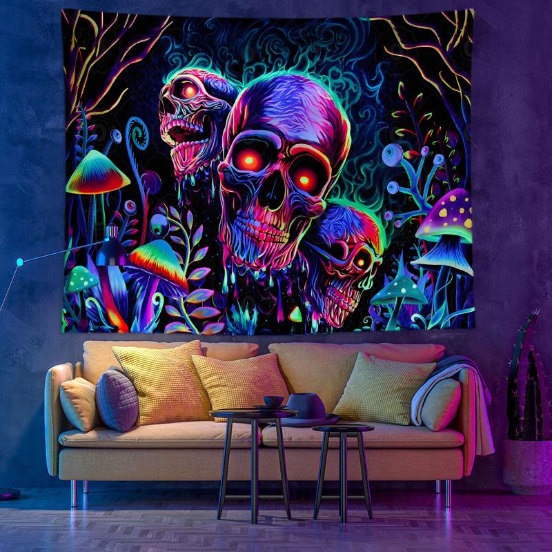 Vikama Uv Reactive Tapestry Astronaut Skeleton Mushroom Trippy Psychedelic Wall Art