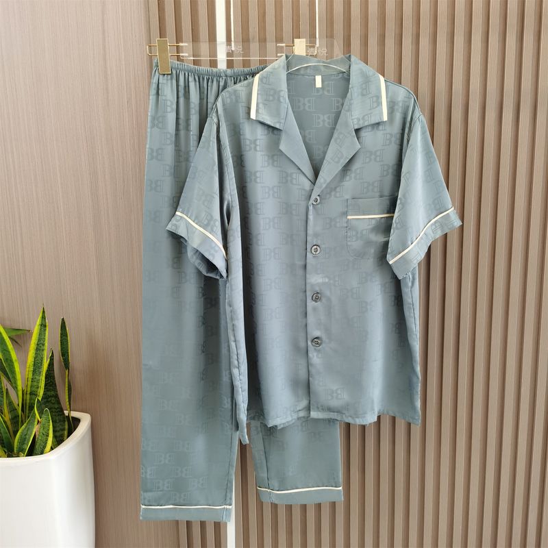 2025 New Arrival Spring and Summer Men's Pajamas Suit Silk Jacquard Short Sleeve Pants Home Wear Can Be Twinset Outfit Men