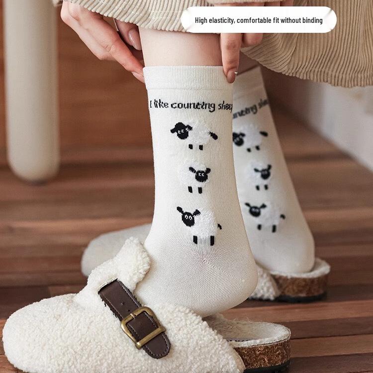 2024 Autumn/Winter Flocked Sheep Cotton Socks - Japanese Academy Style Mid-Calf Cartoon Student Socks for Women