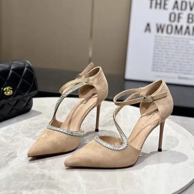 

Мода Супер Высокие Каблуки Женские Сандалии Элегантные Туфли с Острым Носком Кристальные Сексуальные Шлепанцы 2025 Новые Летние Туфли-Лодочки Высокие Каблуки 34 верблюд