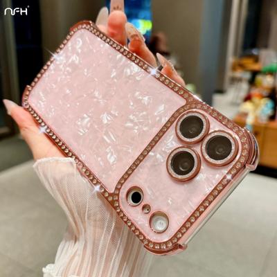 For For Iphone 17 Pro Max 16 Glitter Diamond Plating Silicone Frame Phone Case For For Iphone 15 14 13 Lens Protective Cover