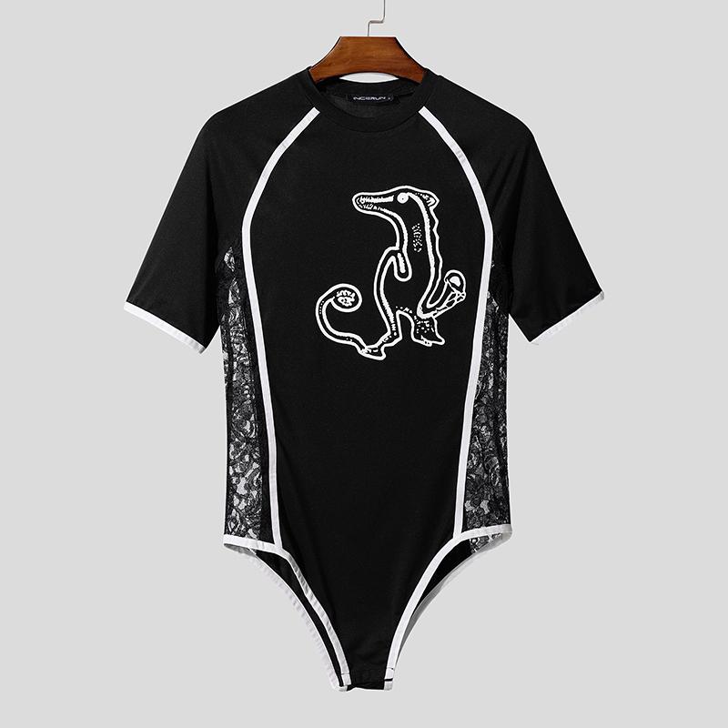 INCERUN Men's Short Sleeve Side Lace Patchwork Jumpsuits Fitted Playsuits Home Wear