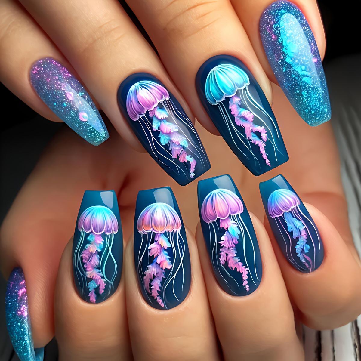 Blue Jellyfish Gradient Shimmer Wearable Nails - 24-Piece Detachable Set