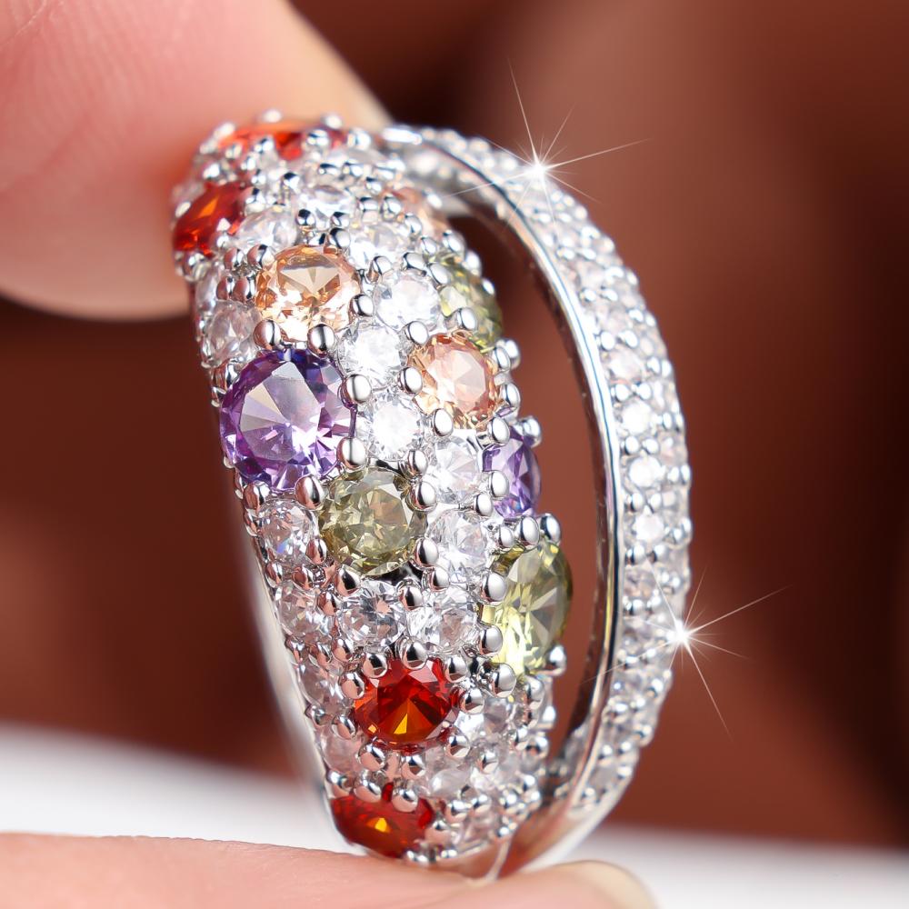 Luxury Silver Color Ring for Women Multi Color Round Zircon Paved Evening Party Banquet Fashion Jewelry Gift