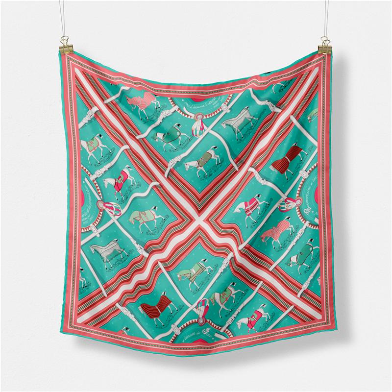 POBING Twill Silk Scarf Woman Horse Print Square Scarves Wraps Bandana Small Hijab Foulards Lady Tie Headband Neckerchief 53CM