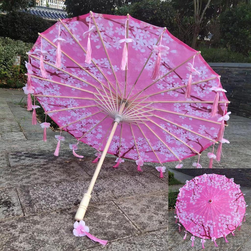 Ancient Style Oil Paper Umbrella with Petal Tassel for Children's Hanfu Dance