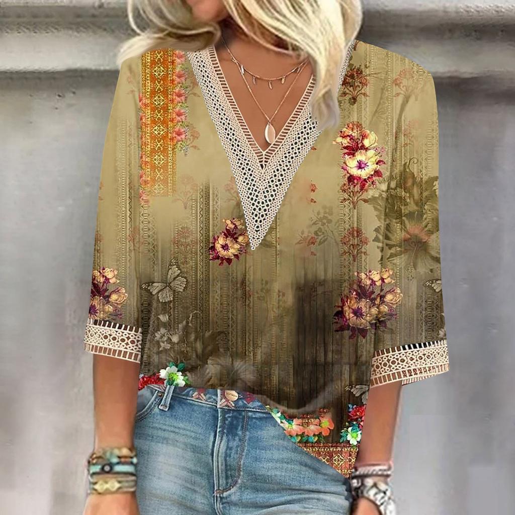 Women's Shirt Blouse Casual Loose Shirts 3/4 Sleeve Lace Trims Print V Neck Tops Print Tops T-shirts