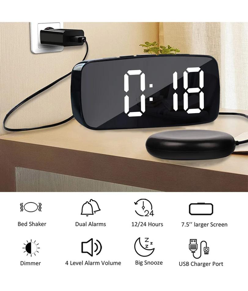 Despertador Vibratório Super Alto com Agitador de Cama Multifuncional USB Duplo para Dorminhoco Pesado Surdo Deficiente Auditivo Soneca