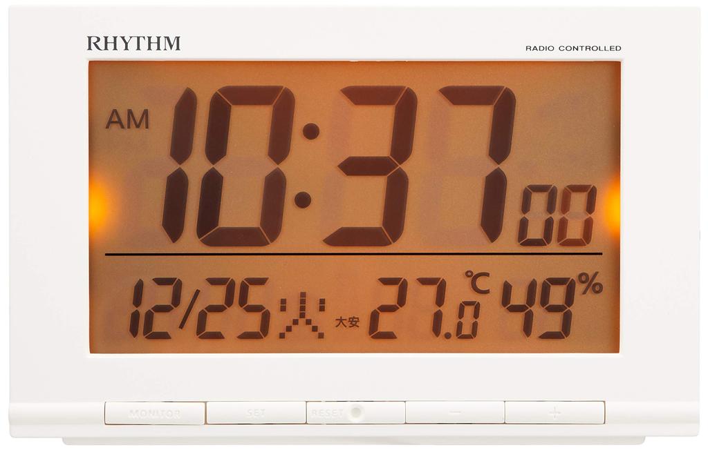 RHYTHM Fitwave D193 Alarm Clock with Thermometer and x x 8RZ193SR03 Radio-Controlled Hygrometer, White, 9.3 14.5 4.1 cm,
