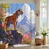 Bengal Tiger Shower Curtain Mountain Landscape Print with Flowers Polyester Bath Curtain with Hooks for Nature Decor