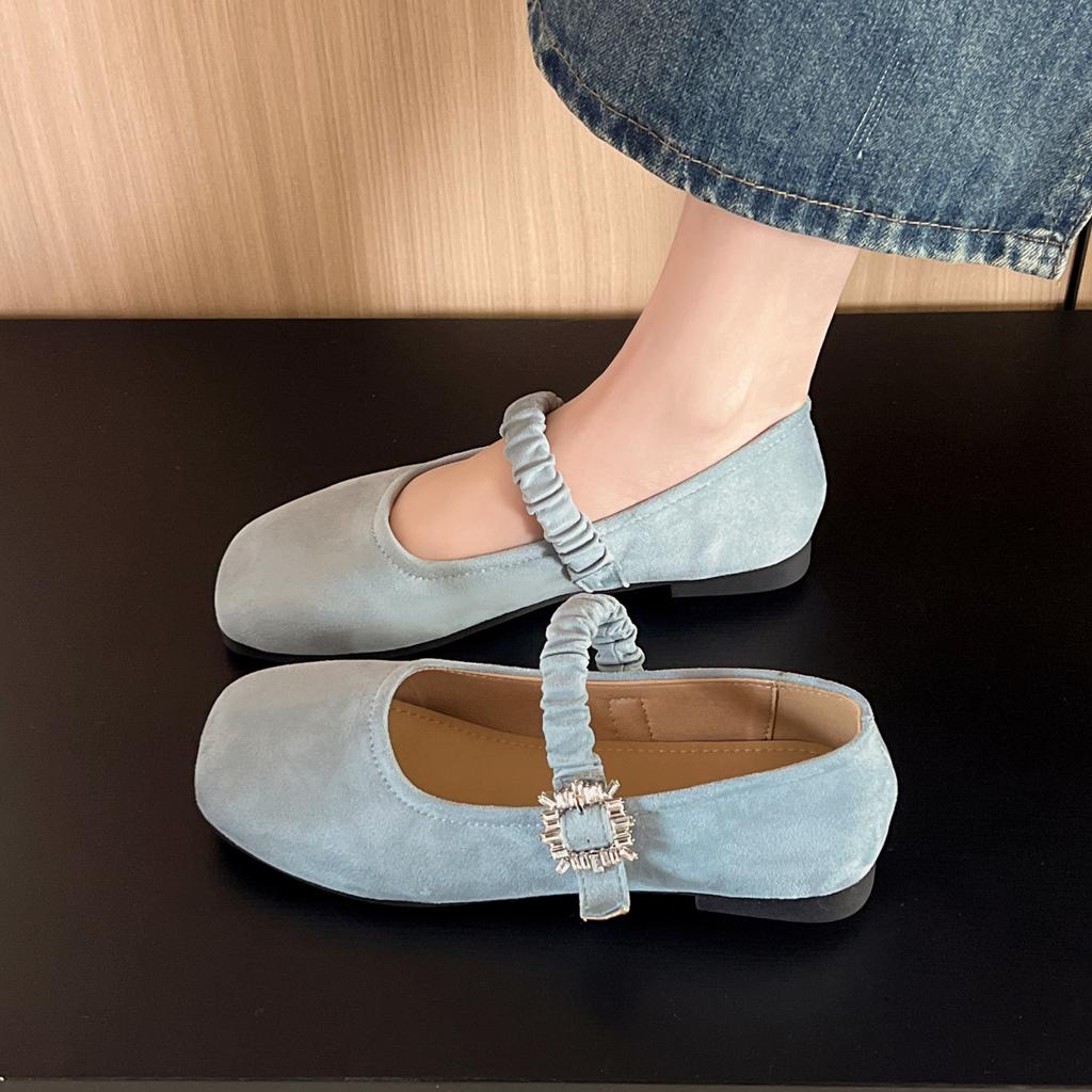 Retro square head shallow mouth single shoes women's spring new French suede gentle fairy soft flat Mary Jane shoes