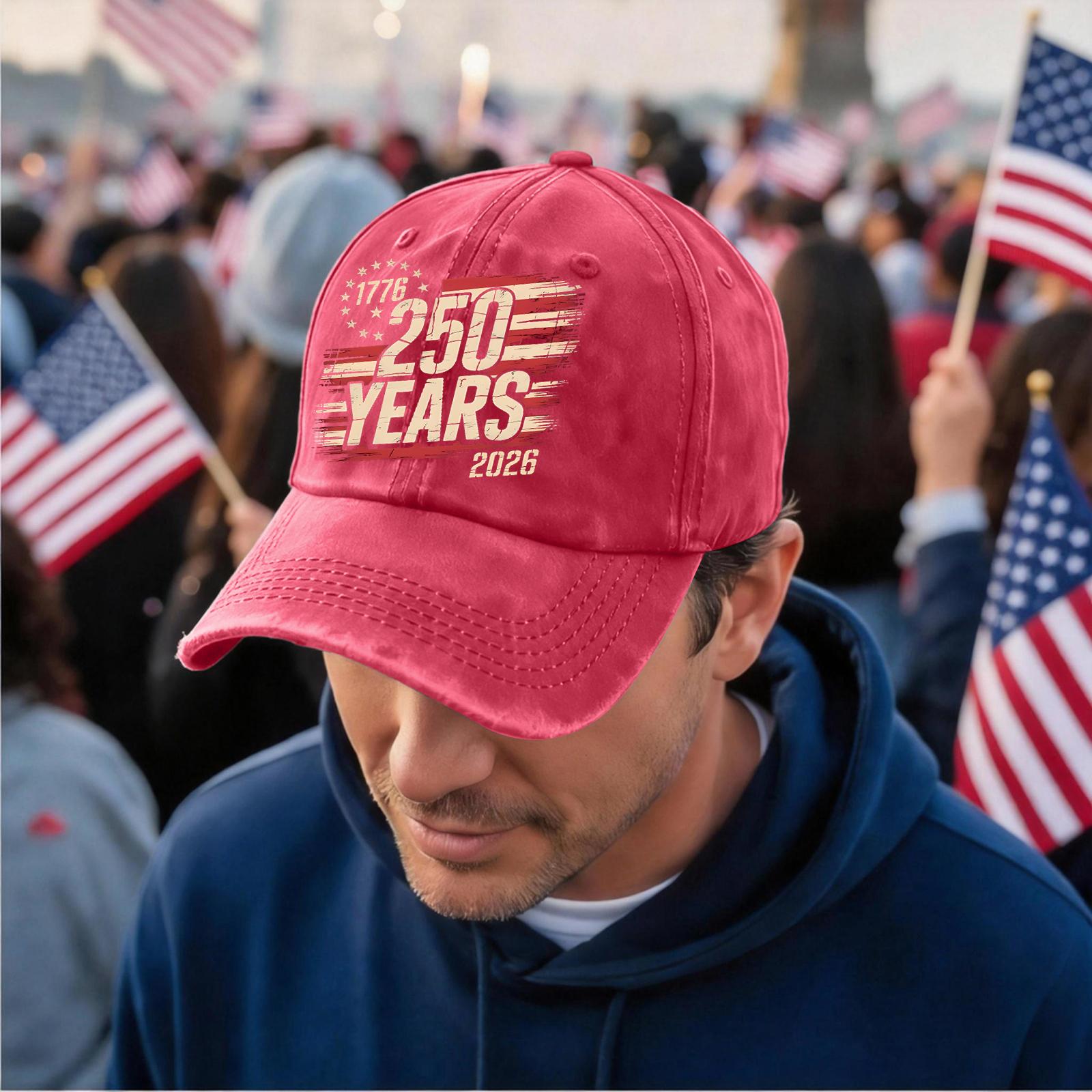 

Distressed Washed Casual Baseball Cap Unisex Adjustable Fit Vintage Style 250 Years Flag and Letter Print Cotton Twill Hat One Size красный
