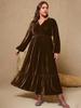Plus Size Velvet Lantern Sleeve Slit V-neck Dress for Women (2025)