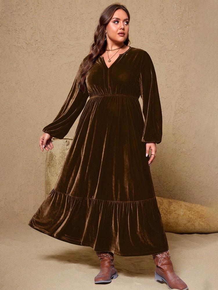 Plus Size Velvet Lantern Sleeve Slit V-neck Dress for Women (2025)