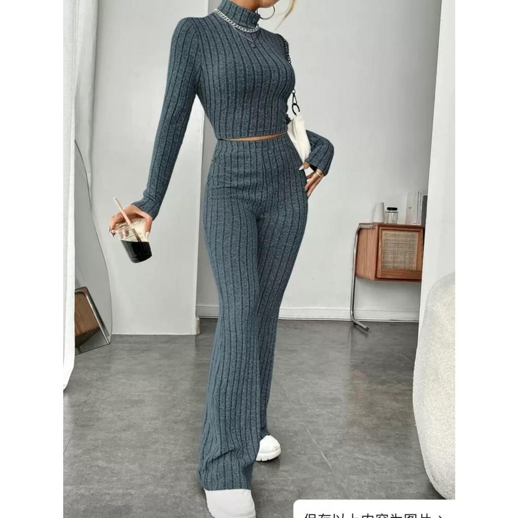 Women's High Neck Long Sleeve Loose Fit Two Piece Set Sweatshirt And Long Pants