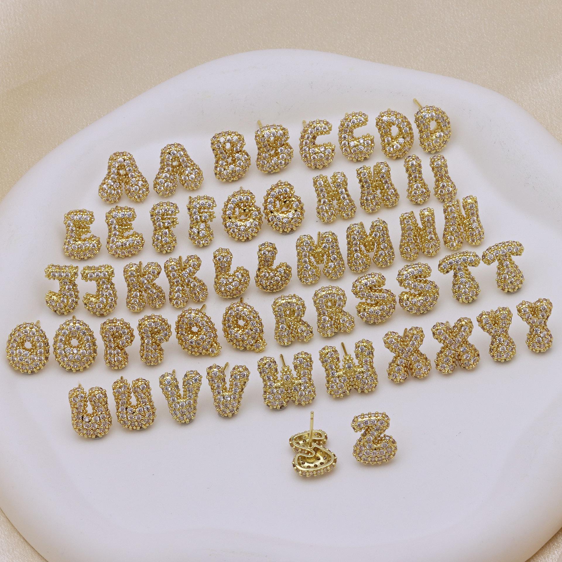 Hip Hop Gold Plated CZ Zircon Initial Letter Stud Earrings for Women Balloon Bubble Fat Alphabet Ear Studs Punk Jewelry A