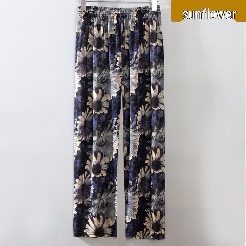 Ice Silk Floral Wide-Leg Pants for Middle-Aged and Elderly Women - Large, Loose, Casual, Straight-Leg Design