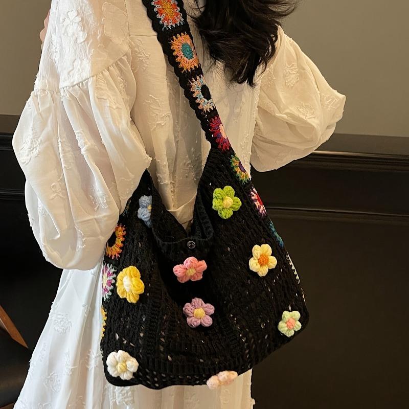 Bohemian Vintage Hollow Floral Contrast Casual Messenger Bag - Assorted Color Fabric with Buttons, Washable By Hand, Open Design, Ideal for Women