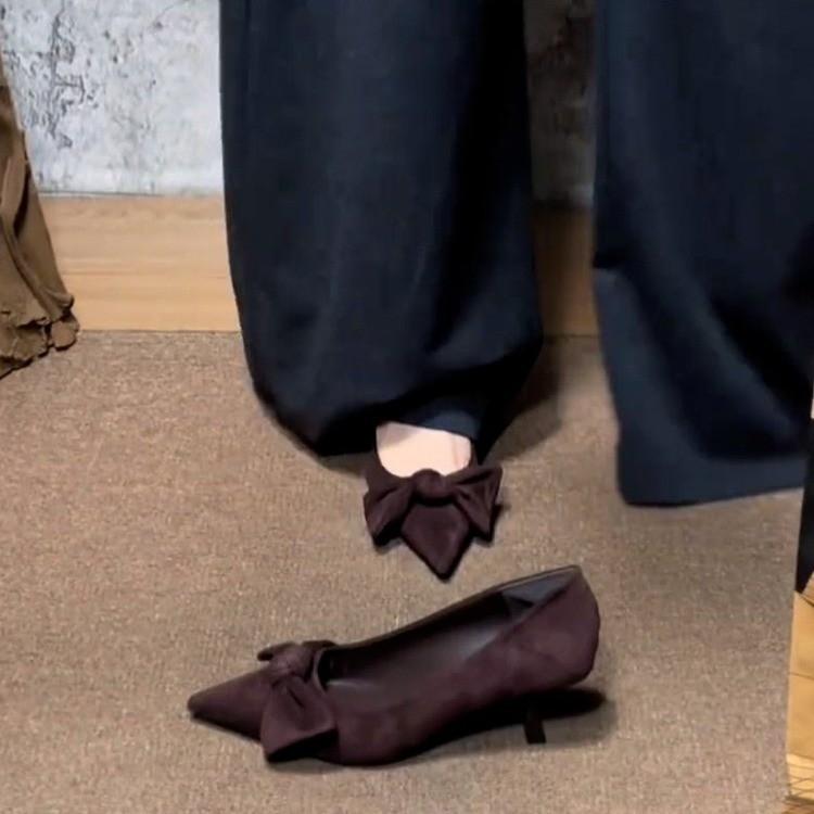 Fashion French pointed-toe bow suede single shoe for women 2025 new style Slim heel versatile and elegant commuting single shoe