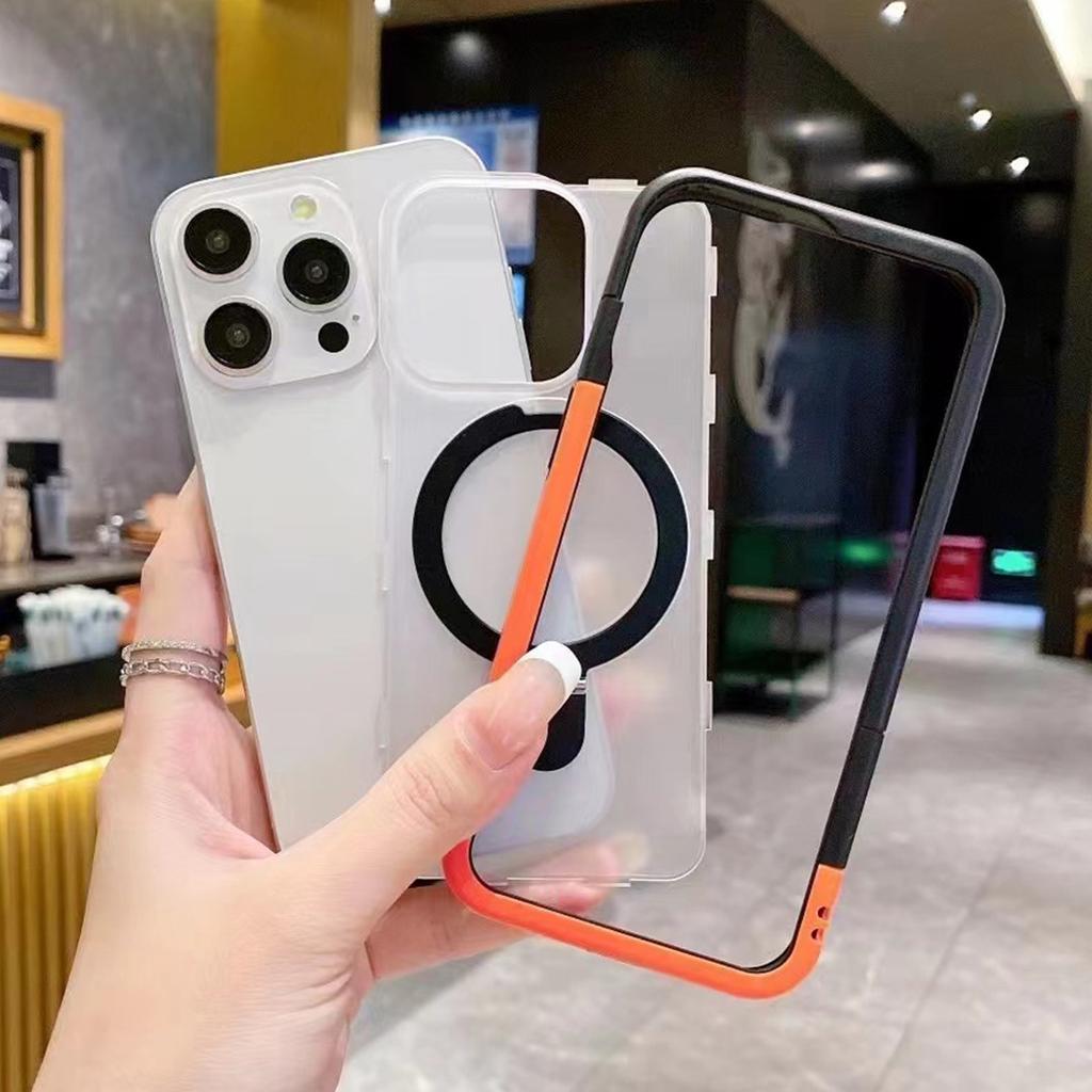 Applicable To Apple 15 Magnetic Bracket Mobile Phone Case 12 High-end Contrasting Color IPhone 14pro Lens Full-inclusive Protective Case