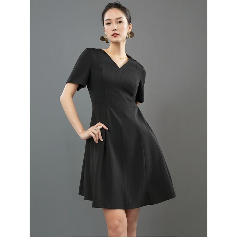 European Station V-neck A- Line Pocket Silm Fat Girl Short Sleeve