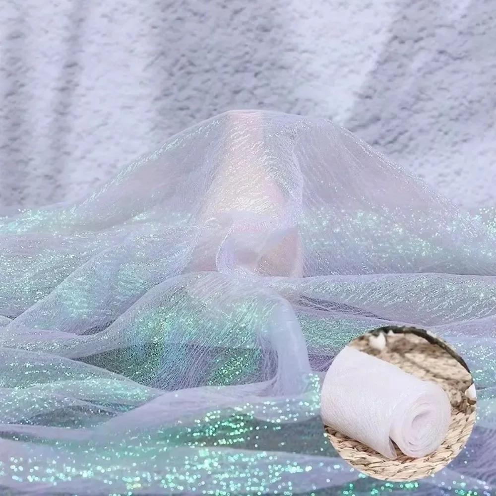 100x140cm Rainbow Laser Yarn Fabric Wrinkled High-Density Organza Fabric Texture Designer Illusion Color Iridescent Organza