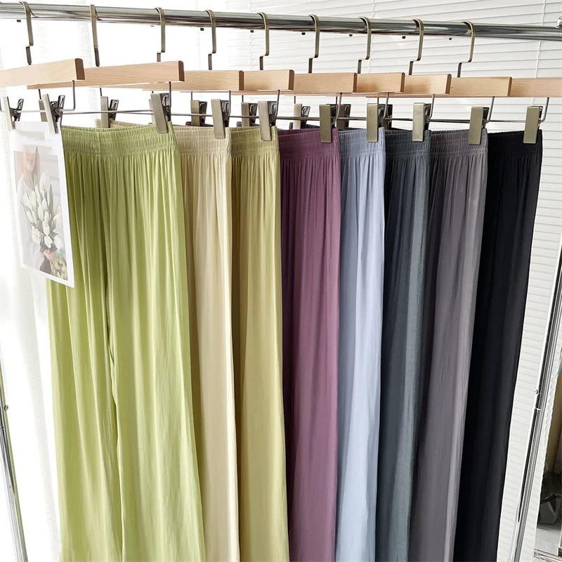 Summer Thin Loose Wide Leg Pants Women's Ice Silk Casual Pants Elegant Elastic Waist Straight Trousers Lady Sport Pant