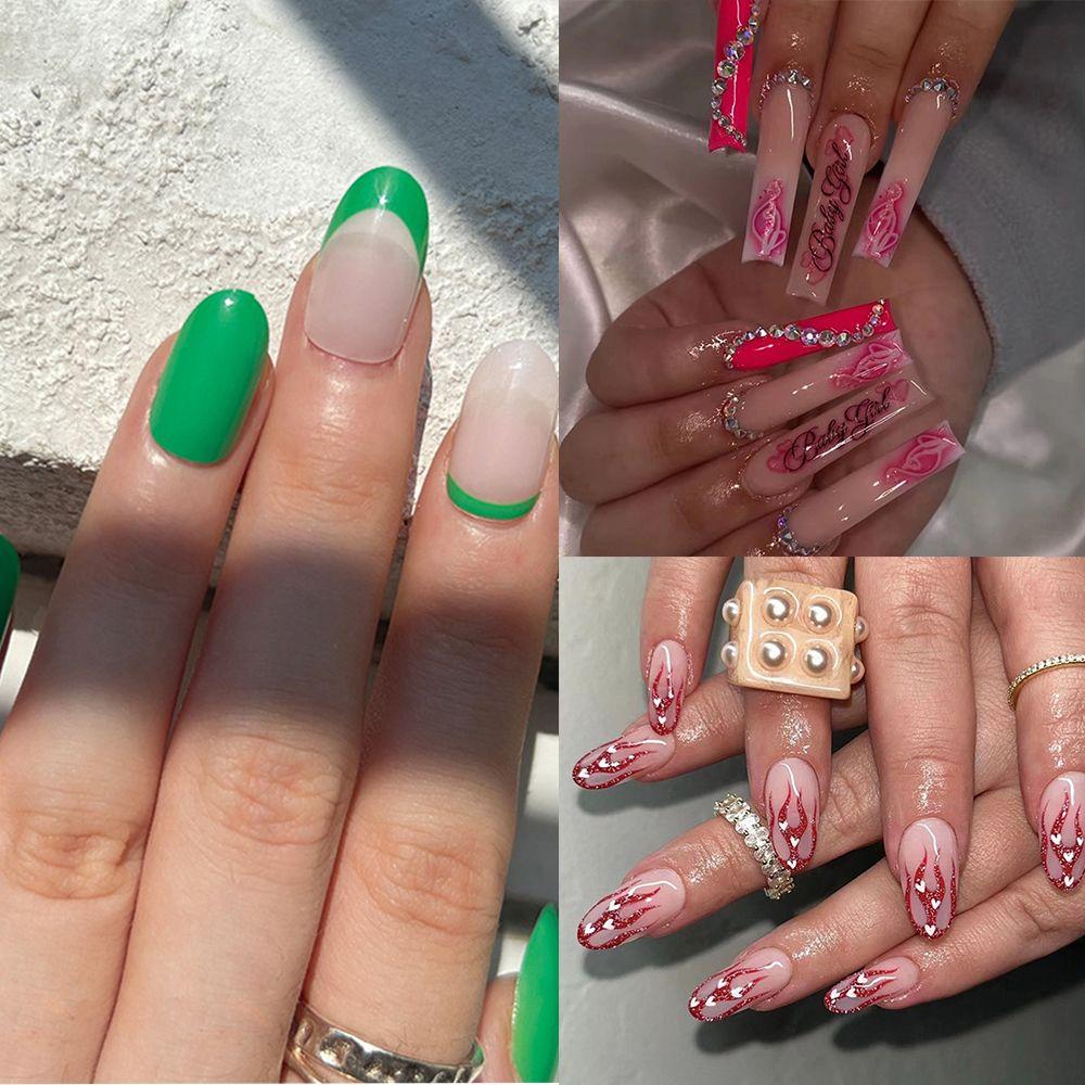 

24pcs Press On Nails Long Nails French Green Black Red Fireflame False Nail Full Cover Fake Nails