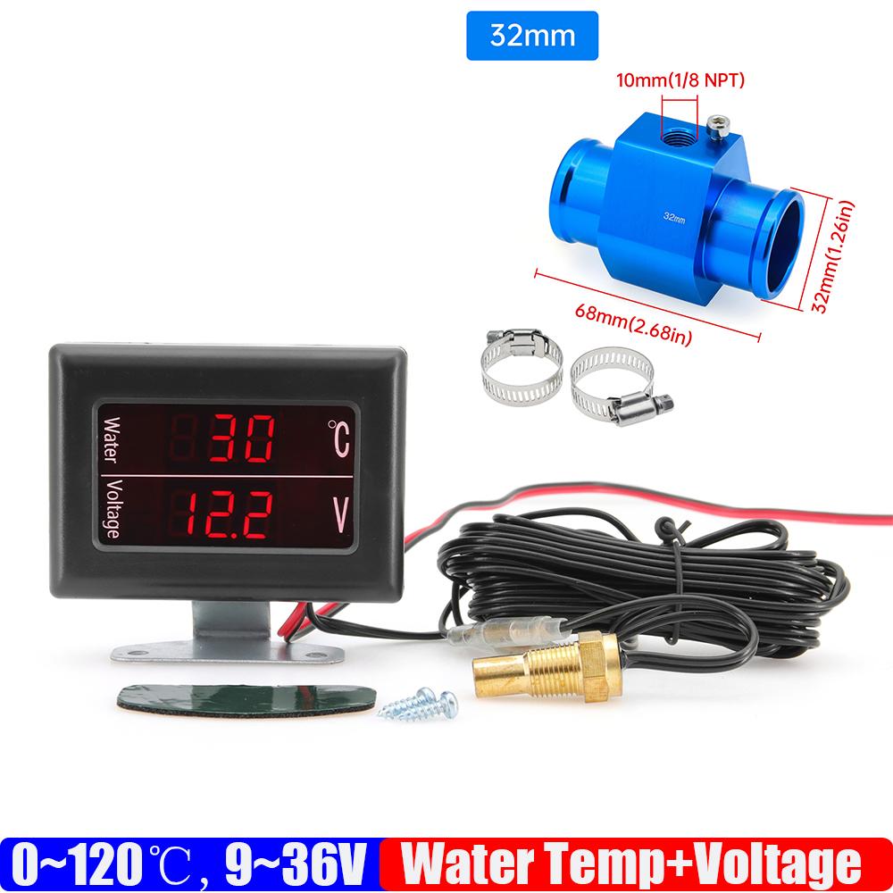 2 IN 1 Auto Car Digital 0~120℃ Water Temperature Gauge+Voltmeter 9-36V Water Temp Sensor Adapter 26MM-40MM for Auto Car Truck