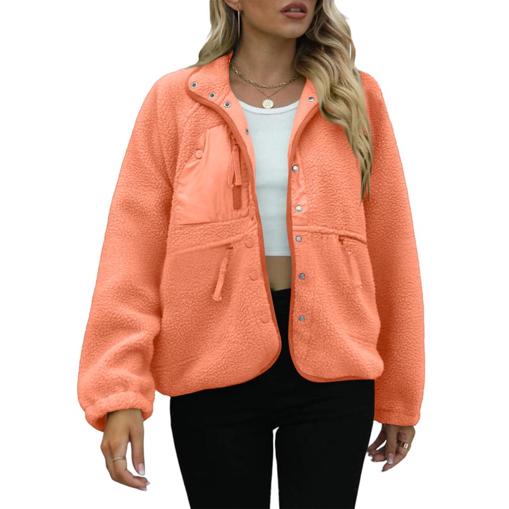 Women's Fashion Casual Stacked Lapel Single Button Fleece Sports Sweatshirt Jacket Outerwear