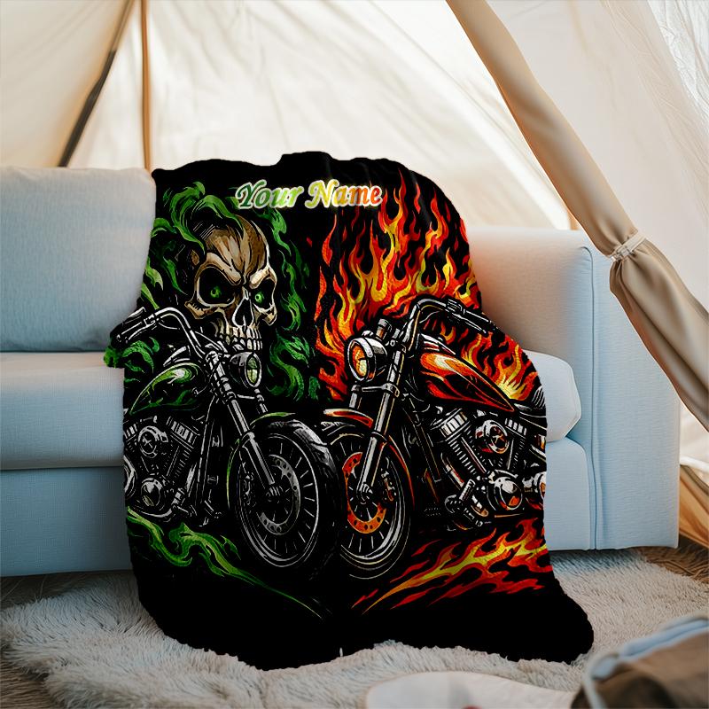 1PC Custom Name Skull Flames Motorcycle Art outdooor Flannel blankets Throw Blanket All-Season Throw Gift Bedspread for Couch, Bed, Camping Holiday Bi