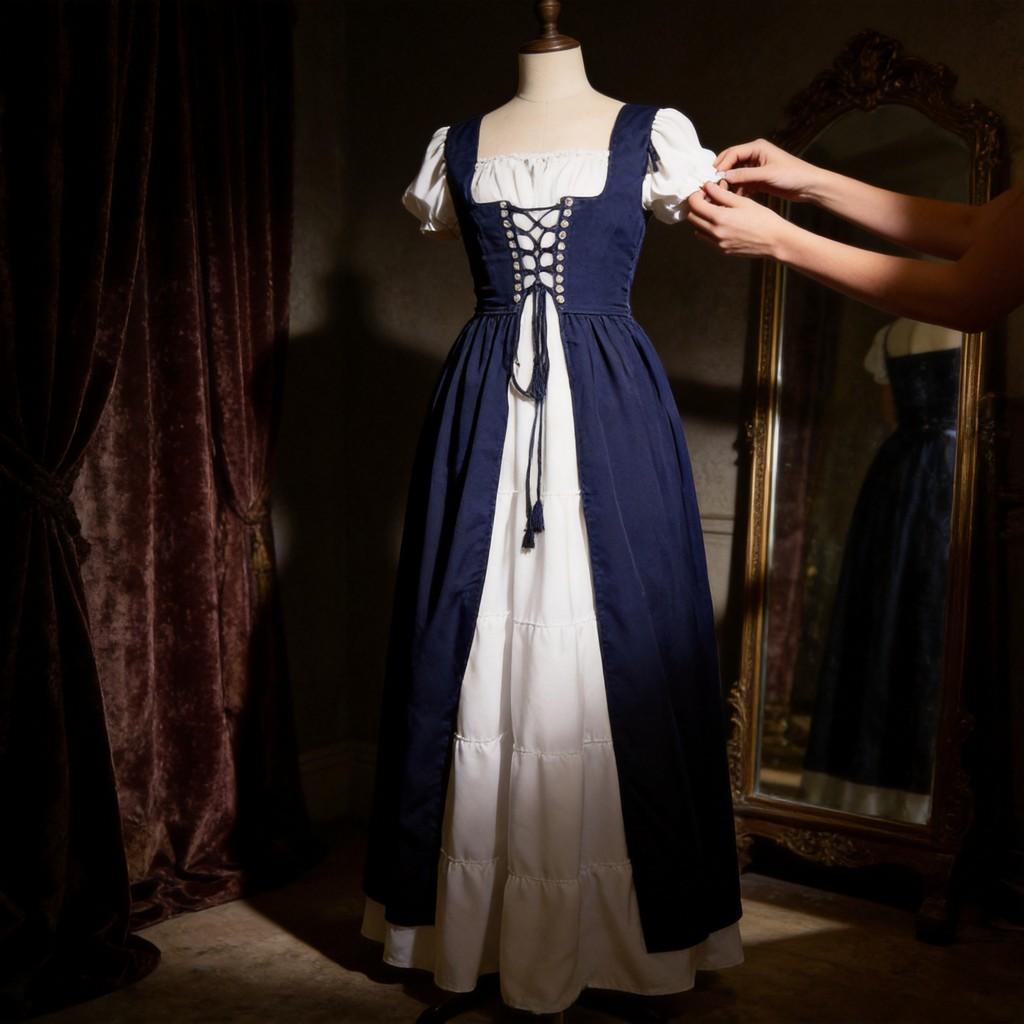 Medieval Themed Costume Dress With Linen Blend Fabric And Flared Skirt For Cosplayers And Enthusiasts