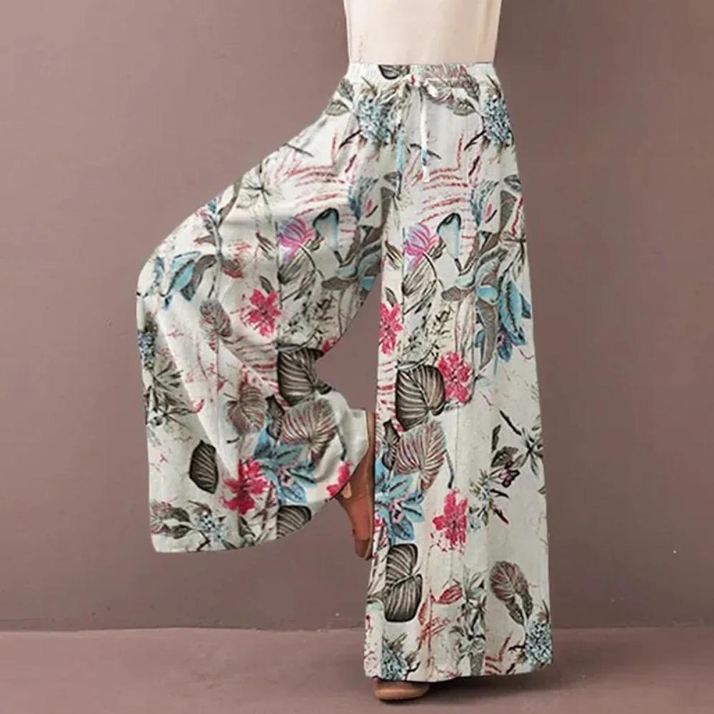 Floral Print Wide Leg Women Pants Spring Drawstring Bohemia Trousers Lady Casual Loose Elastic Waist Pantalonsw Plus Size