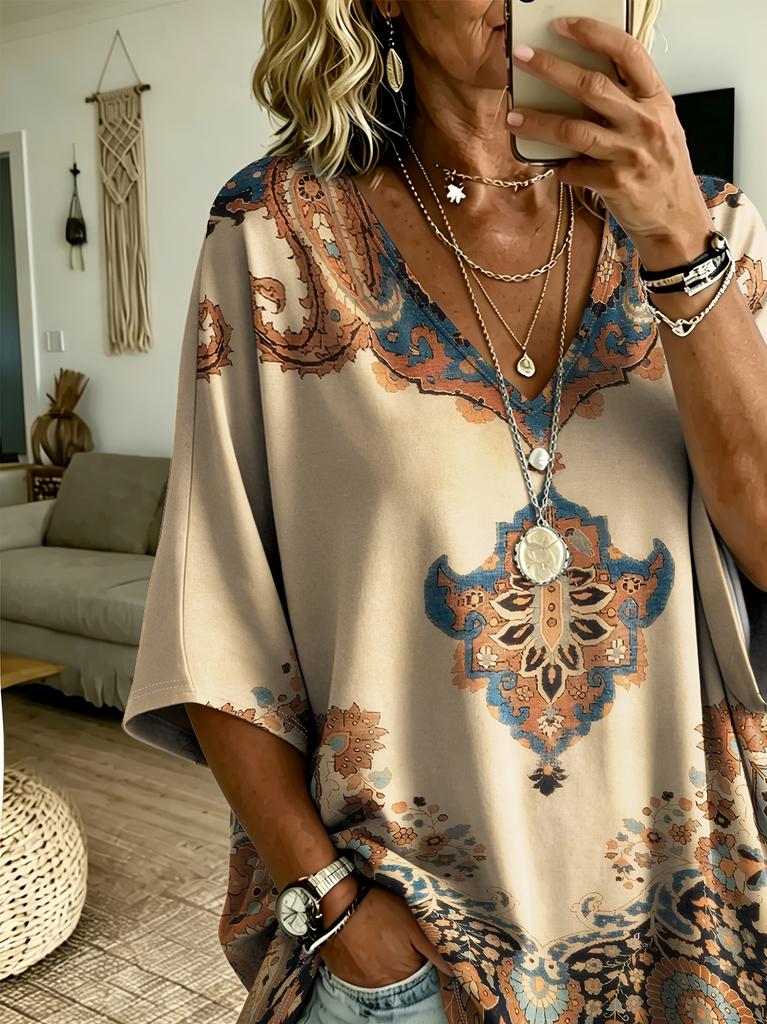 Women's Large Size V-neck Top, Elegant and Comfortable, Simple Pattern Print, Large Size Women's V-neck T-shirt