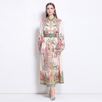 Frühling Herbst Damen Vintage Designer Print Laufsteg Kleider Umlegekragen Einreiher Lang Maxi Party Hemdkleid Mit Gürtel