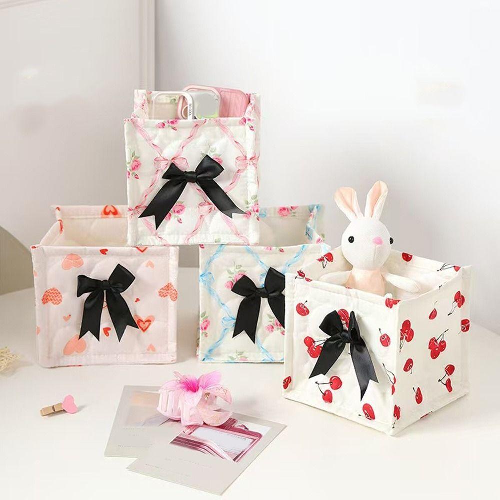 Cotton Quilted Storage Basket Sweet Bow Sundries Organizer Cosmetics Snacks Storage Box  for Home