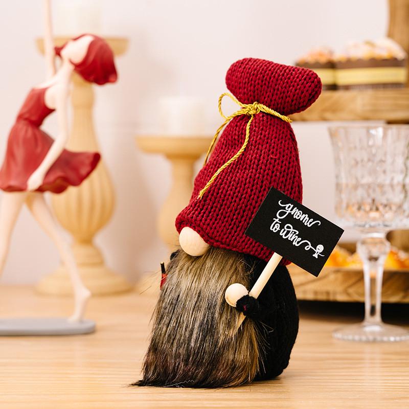 Stylish Burgundy Knitted Hat Gnome Doll With Champagne Sign For Festive Bar Decor