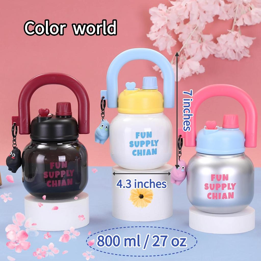 Cute Creative Plastic Cup with Handle, Dual-Drink Large Belly Cup, Student Water Bottle, Cartoon Design, Straw Included
