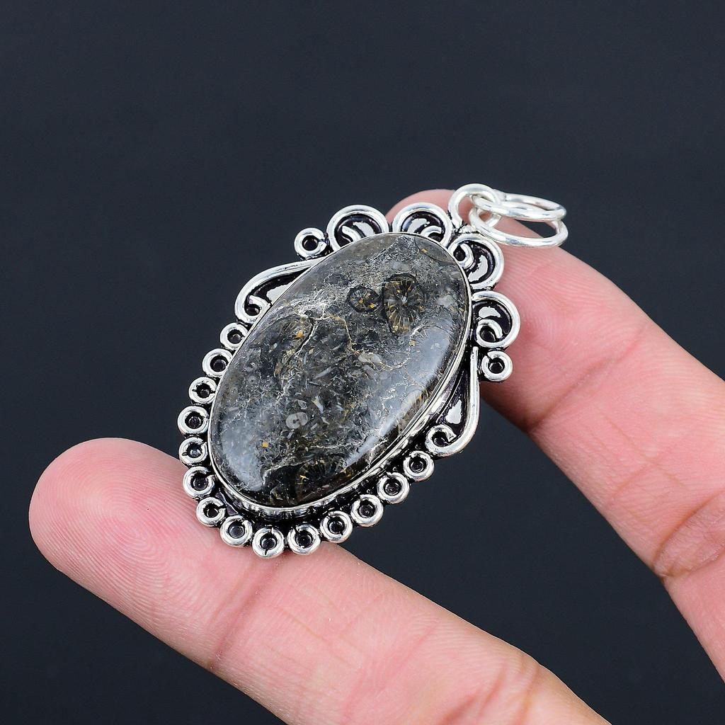 Sterling Silver Oval Natural Black Fossil Coral Birthday Wedding Pendant Jewelry