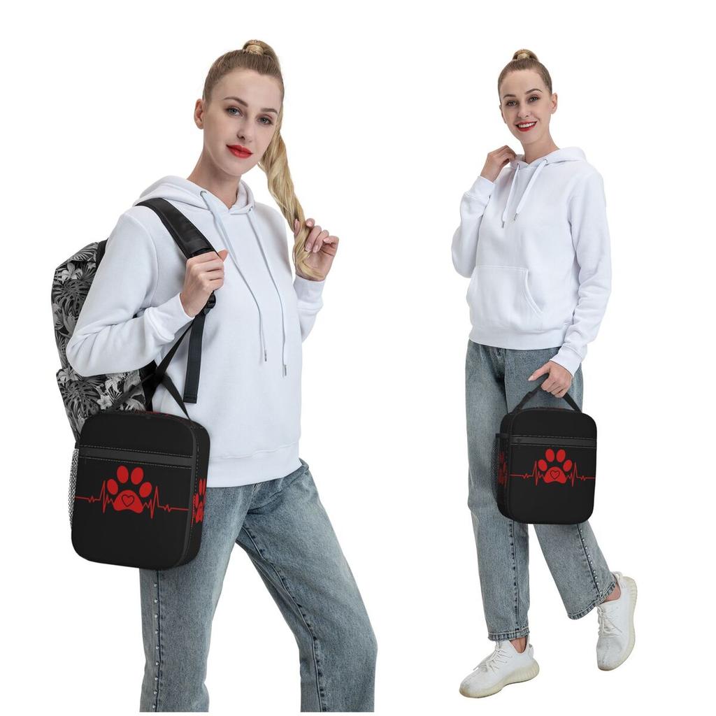 Dog Paw And Heart ECG Heartbeat Insulated Lunch Bag for Women Children Leakproof Food Boxes Thermal Lunch Box Tote