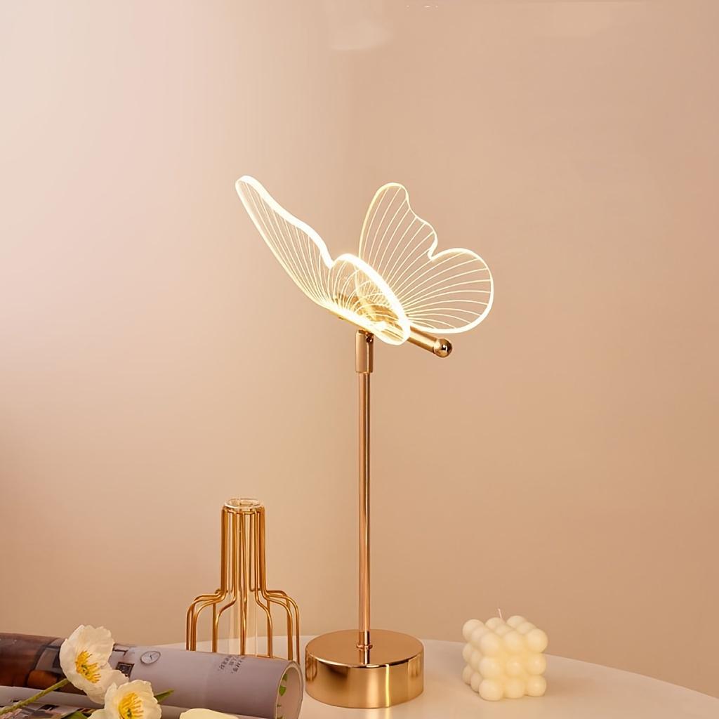 1PC USB Power Butterfly LED Desk Lamp | Modern Polished Metal with Acrylic Lampshade, Tricolor Dimmable Lighting