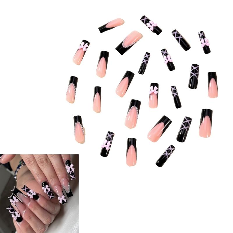 Stylish Long Coffin False Nail Black Glossy Finish Press on Nail with Pink Bows Fase Nail for Fashionable Women Girls