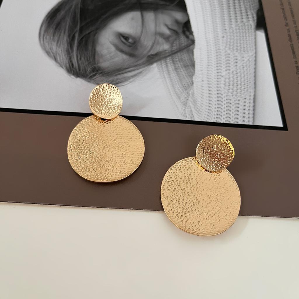 Hammered Double Disc Drop Earrings for Women Textured Round Statement Earrings