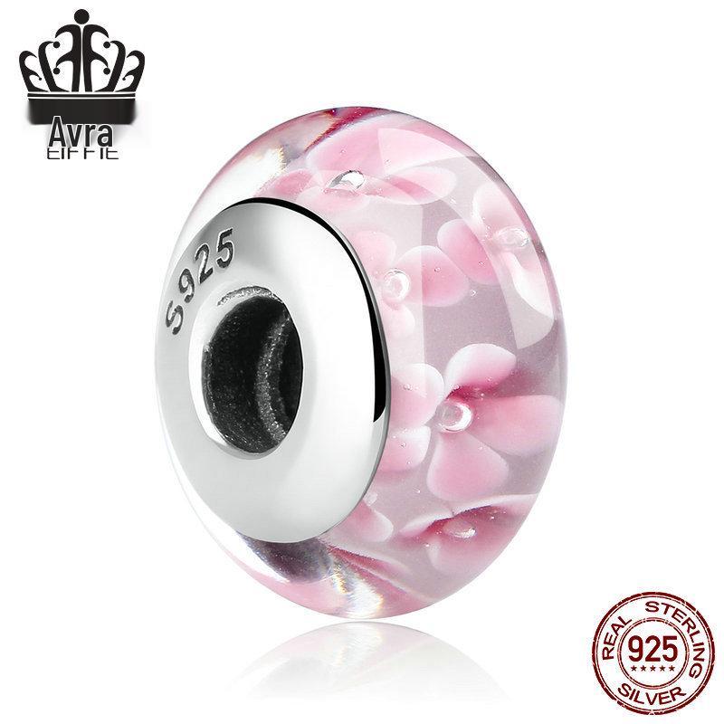 

Стерлинговое серебро S925 Розовые бусины лэмпворк в виде цветов для браслетов DIY, Универсальный стиль - SCZ008.