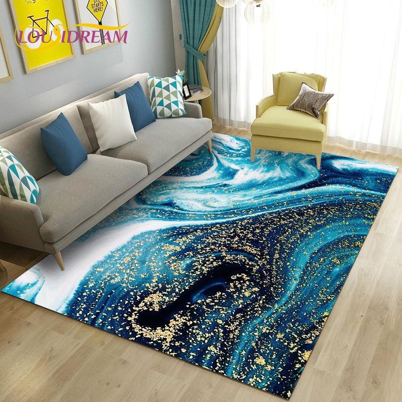 Nordic Marble Texture Goldren Cyan Area Rug Large,Carpet Rug for Living Room Bedroom Sofa Doormat Decor,Kid Non-slip Floor Mat