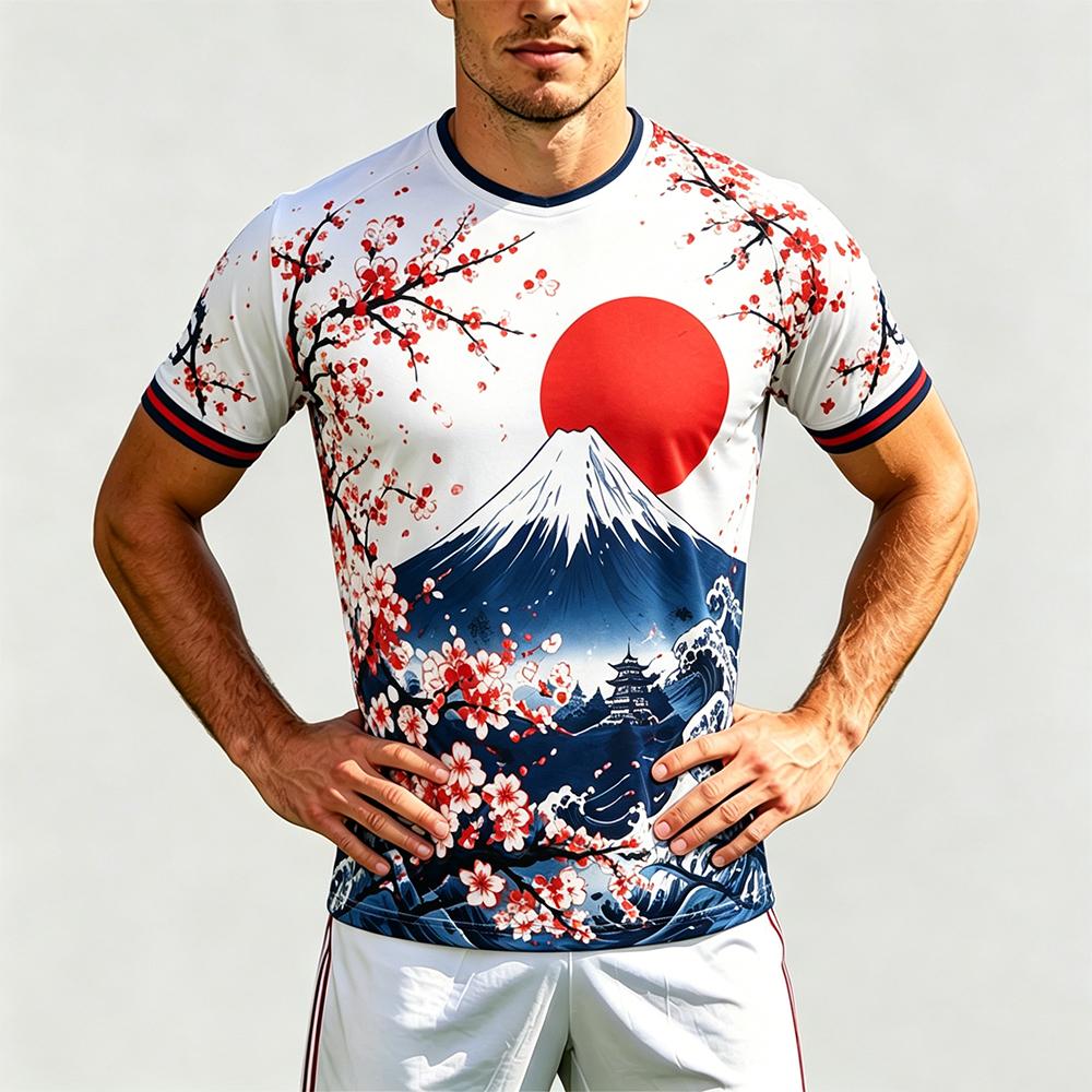 Neues japanisches Design Print Fußballtrikot Sommer Atmungsaktiv Und Schnelltrocknend Kirschblüten Grafik T-Shirt Unisex Lässige Oberteile