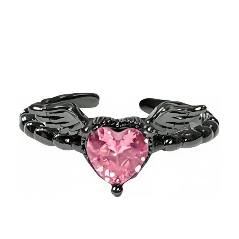 Dark wings pink diamond love bow trendy cool personality ring neutral style punk hottie fashion niche ring