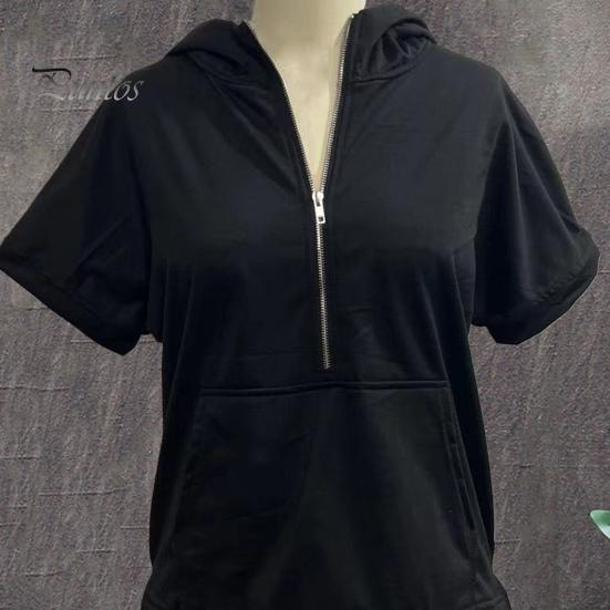 Summer Women Hoodie Half Zipper Short Sleeves Solid Color Pullover Loose with Pocket Casual Daily Wear School Sport Pullover Top Female Clothes